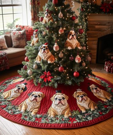 Bulldog Holly Nights Quilted Tree Skirt - Elegant Holiday Accent For Bulldog Lovers, Soft Quilted Christmas Base