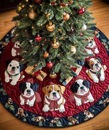 Bulldog Noel Quilted Christmas Tree Skirt — Classic Bulldog Holiday Tree Base Cover, Festive Quilted Fabric Décor For Home