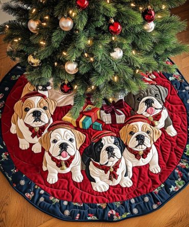 Noel Night Bulldog Quilted Christmas Tree Skirt — Festive Bulldog Night Scene Tree Base Cover, Quilted Holiday Accent For Homes