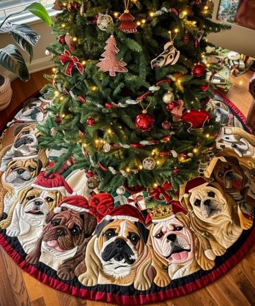 Bulldog Sleigh Quilted Christmas Tree Skirt, Playful Bulldog Holiday Patchwork, Soft Quilted Cotton Blend, Perfect Dog Lover Gift, Fits Most Trees, Perfect For Living Room Or Cottage