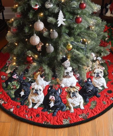 Yuletide Bulldog Quilted Christmas Tree Skirt — Premium Holiday Tree Skirt With Festive Bulldog Design, Quilted, Machine Washable