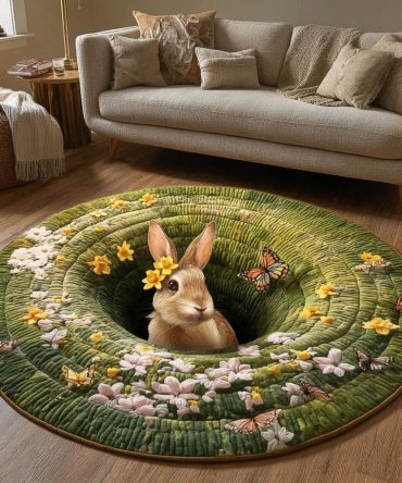 Bunny Meadow Round Area Rug - Charming Pastel Bunny Scene For Kids' Playroom, Nursery Or Living Room; Soft, Durable & Easy To Clean