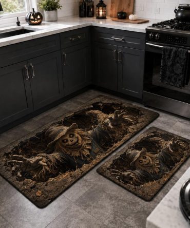 Spooky Buried Scarecrow Halloween Kitchen Rug — Durable Area Mat For Floors, Non-Slip, Stain-Resistant, Seasonal Decor Accent