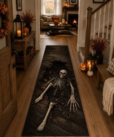 Burning Crypt Fiery Runner Rug For Hallway & Entryway — Durable Non-Slip Low-Profile Gothic Accent, Machine-Washable Halloween Mat