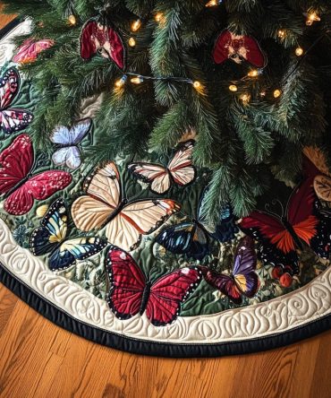 Butterflies In Bloom Quilted Christmas Tree Skirt — Bloom Motif Holiday Mat, 52-Inch Cotton, Soft Quilted Base For Gifts