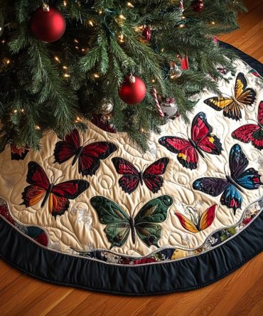 Butterfly Garden Delight Quilted Christmas Tree Skirt — Floral & Butterfly Holiday Mat, 52-Inch Cotton, Cozy Seasonal Accent