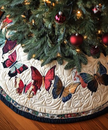 Butterfly Reverie Quilted Holiday Tree Skirt — Soft Cotton Christmas Mat, 52-Inch, Lightweight & Machine-Washable
