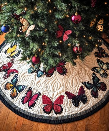 Butterfly Serenade Quilted Christmas Tree Skirt — Elegant Nature-Themed Holiday Mat, 52-Inch Cotton, Soft Protective Pad