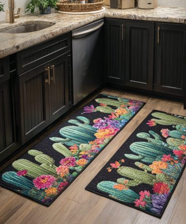 Cactus Bloom Kitchen Area Rug - Non-Slip, Machine-Washable Runner With Floral Desert Pattern For Charming Kitchens