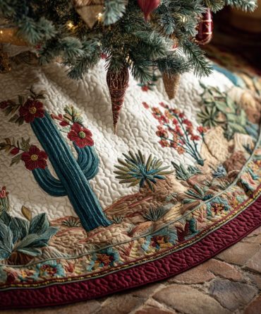 Cactus Desert Bloom Quilted Tree Skirt — Floral Desert Motif In Warm Tones For Cheerful Southwestern Holiday Decorating