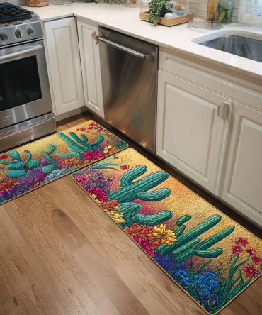 Cactus Sunset Kitchen Area Rug - Non-Slip, Machine-Washable Runner With Warm Sunset Palette For Cozy Kitchens
