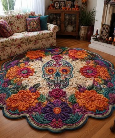 Calavera Bloom Parade Custom-Shaped Rug — Festive Skull & Floral Display, Colorfast Printing, Non-Skid Backing For High-Traffic Areas