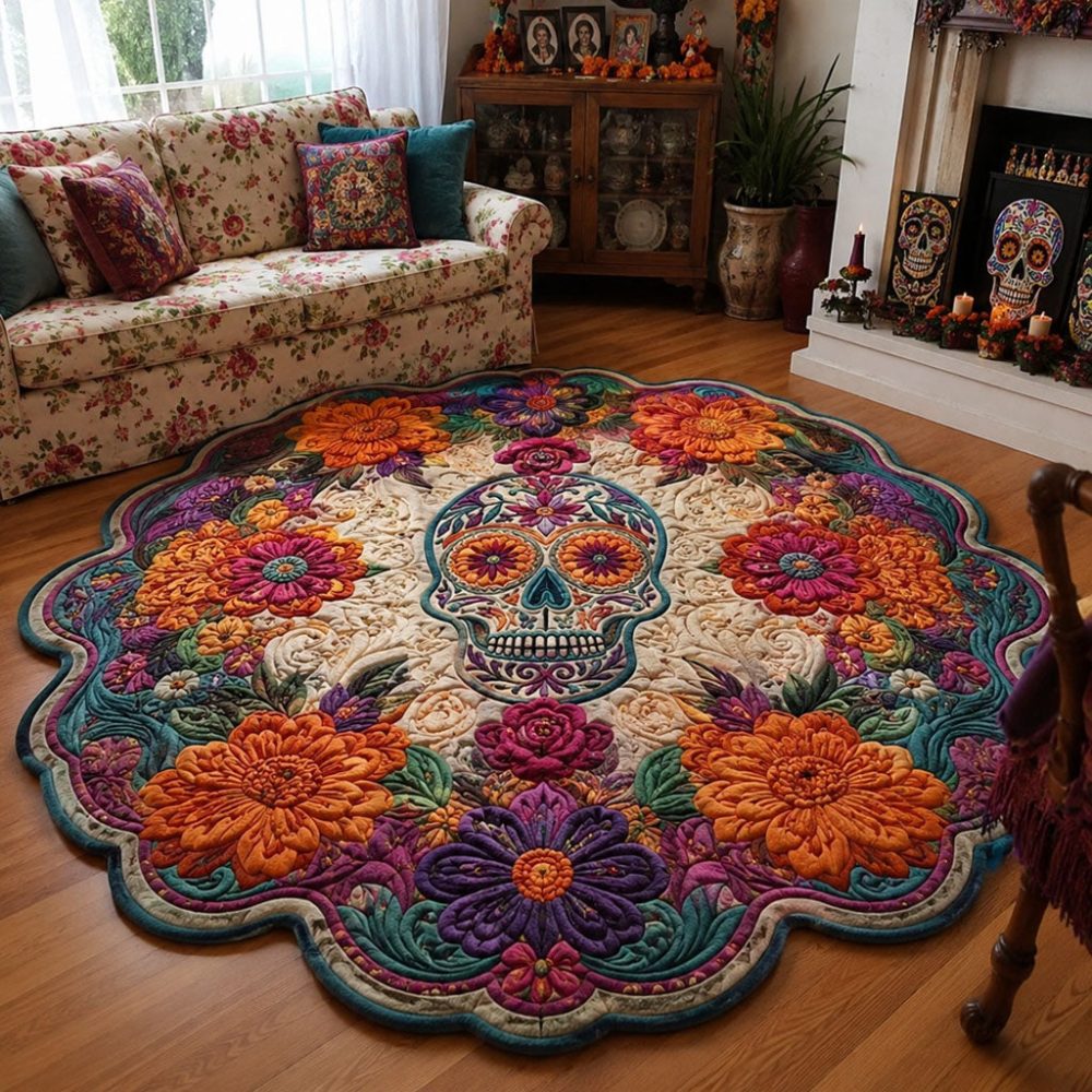 Calavera Bloom Parade Custom-Shaped Rug — Festive Skull & Floral Display, Colorfast Printing, Non-Skid Backing For High-Traffic Areas