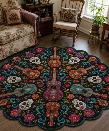 Calavera Serenade Custom Rug — Decorative Sugar Skull Design, Fade-Resistant Print, Non-Slip Backing For Home & Altar Displays