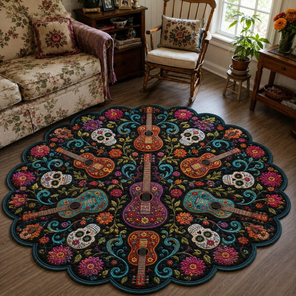 Calavera Serenade Custom Rug — Decorative Sugar Skull Design, Fade-Resistant Print, Non-Slip Backing For Home & Altar Displays
