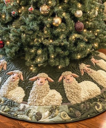 Calm Sheep Quilted Christmas Tree Skirt — Serene Pastel Sheep Design, Soft Cotton Quilting For Cozy Holiday Rooms — Perfect Holiday Gift