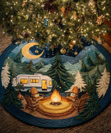 Campfire Night Quilted Christmas Tree Skirt — Rustic Camping Holiday Décor, Warm Cotton-Blend, Machine Washable, Premium Gift Appeal
