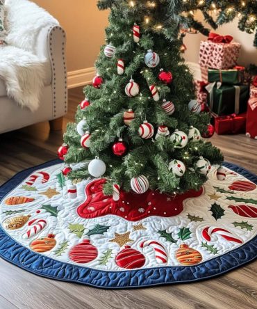 Candy Stripe Holiday Tree Skirt — Bold Red & White Quilted Design, Durable Stitching, Quick Velcro Closure, Perfect Festive Gift Wrap Base