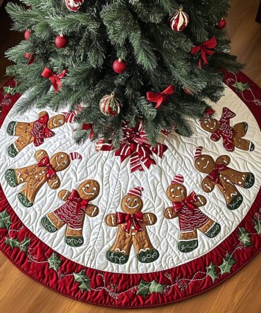 Candy Cane Ginger Magic Quilted Christmas Tree Skirt — Bright Candy Stripe & Ginger Motifs, Quilted Holiday Base, Festive Home Accent