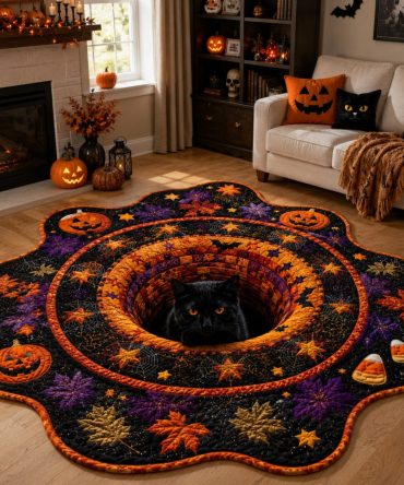 Candy Corn Gaze Halloween Rug — Custom Shaped Festive Floor Mat With Bright Fall Colors, Non-Slip & Durable