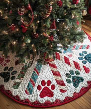 Candy Paws Quilted Christmas Tree Skirt — Playful Candy Cane Colors & Paw Prints, Festive Quilted Tree Skirt For Pet-Friendly Holiday Styling