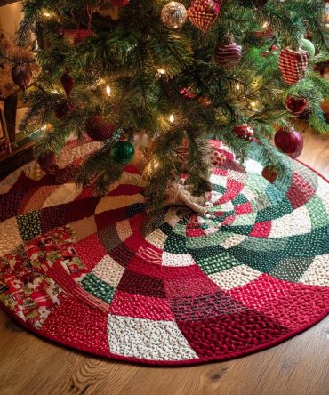 Candy Swirl Quilted Tree Skirt - Bright Candy-Cane Holiday Tree Skirt For Playful, Colorful Seasonal Decorating & Gifts