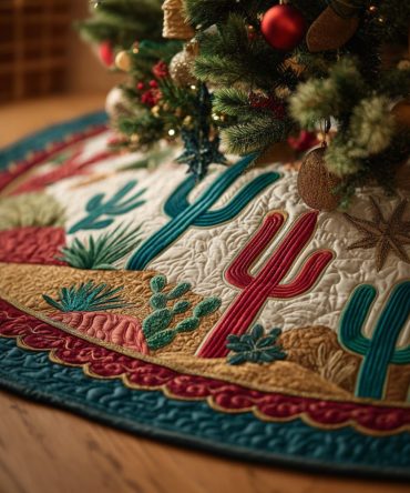 Canyon Cactus Sand Quilted Tree Skirt — Neutral Desert Tones With Cactus Motifs For Warm, Stylish Holiday Decor