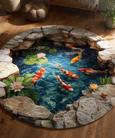 Canyon Koi Flow Rug - Rustic Round Area Rug With Warm Canyon Tones, Koi Stream Design, Soft Pile And Non-Slip Backing For Cozy Spaces