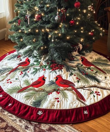 Cardinal Berry Quilted Christmas Tree Skirt - Festive Red Cardinal & Berry Holiday Tree Skirt, Quilted Rustic Elegance