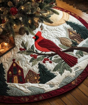 Cardinal Bloom Quilted Holiday Tree Skirt — Floral Cardinal Design With Plush Quilting For A Fresh, Festive Tree Base Accent