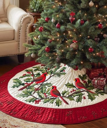 Cardinal Branch Cheer Quilted Christmas Tree Skirt - Elegant Cardinal Branch Holiday Skirt, Soft Quilted Seasonal Base