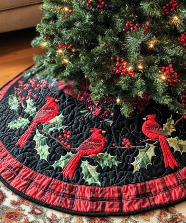 Cardinal Branches Quilted Tree Skirt — Elegant Winter Bird Design, Quilted Holiday Base Cover, Durable & Easy Care