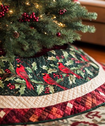 Cardinal Cheer Quilted Christmas Tree Skirt — Festive Cardinal Accents, Plush Quilted Holiday Decor For Living Room Trees