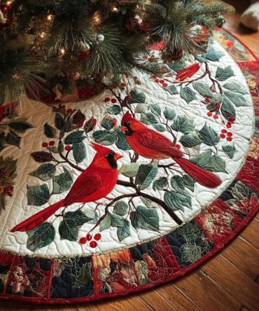 Cardinal Glow Quilted Holiday Tree Skirt — Radiant Red Cardinal Motif For Christmas Tree Styling & Cozy Seasonal Décor