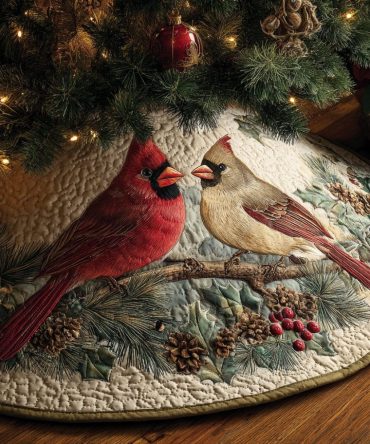 Cardinal Grace Quilted Christmas Tree Skirt — Elegant Red Bird Holiday Accent, Soft Quilting, Timeless Seasonal Decoration