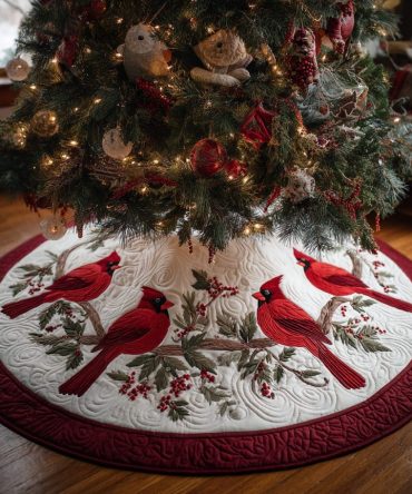Cardinal Joy Quilted Christmas Tree Skirt — Cheerful Red Bird Holiday Decor, Plush Quilting, Festive & Functional Tree Base