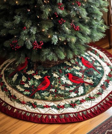 Cardinal Joy Quilted Christmas Tree Skirt — Elegant Embroidered Cardinals, Premium Padding & Festive Red Holiday Home Accent