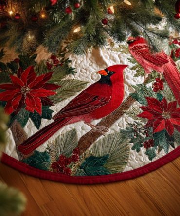 Cardinal Song Quilted Christmas Tree Skirt — Joyful Red Bird Holiday Decor, Cozy Quilting, Perfect For Traditional Seasonal Displays
