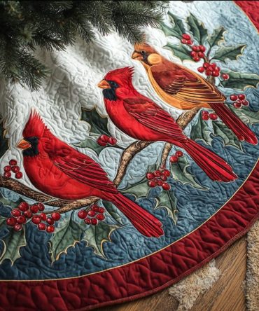 Quilted Cardinal Holiday Tree Skirt With Red Cardinal Motif For Christmas Decor — Luxurious Festive Accent For Home & Gifts