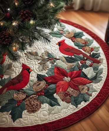 Cardinal Whisper Quilted Christmas Tree Skirt — Subtle Nature-Inspired Holiday Accent, Soft Quilting, Elegant Red Bird Motifs