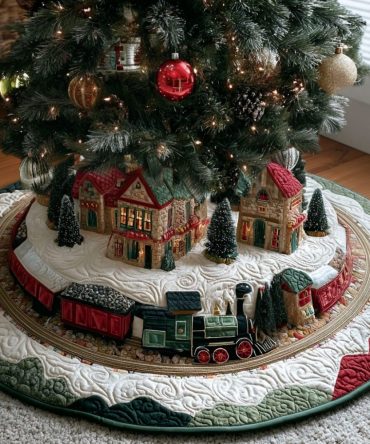 Caroling Caboose Quilted Tree Skirt — Whimsical Train-Themed Christmas Tree Base Cover, Soft Quilting, Durable & Machine-Washable