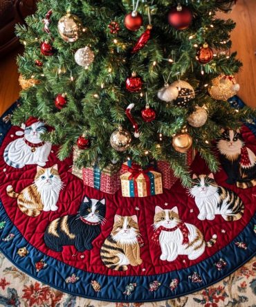 Quilted Cat Gathering Tree Skirt – Festive Cat Design Christmas Tree Skirt, Cozy Patchwork, Easy-Care, Perfect For Cat-Lover Holiday Decor