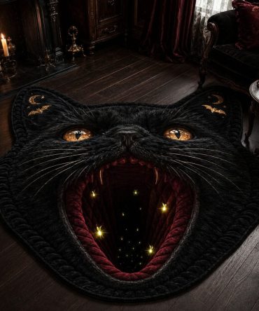 Cat Portal Themed Area Rug — Mystical Cat-Shaped Custom Rug For Witchy & Gothic Décor, Soft Non-Slip Accent Mat For Bedroom Or Entryway
