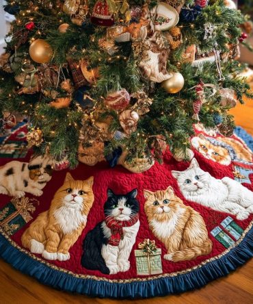 Cat Whispers Quilted Christmas Tree Skirt — Subtle Feline Artistry With Soft Quilting, Ideal For Elegant Holiday Displays & Gifts