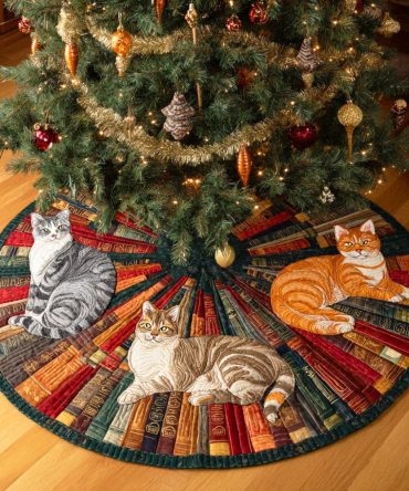 Cat & The Open Tome Quilted Christmas Tree Skirt — Charming Cat-And-Book Holiday Mat, Quilted Cozy Base For Festive Rooms