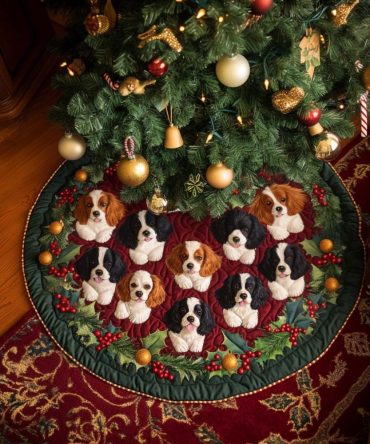 Cavalier Joy Quilted Christmas Tree Skirt - Plush Velvet With Cavalier Spaniel Embroidery, 48" Diameter Charming Holiday Accent
