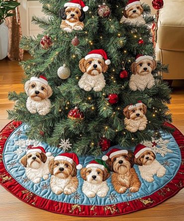 Cavapoo Adventure Quilted Christmas Tree Skirt — Playful Pet Holiday Decor, Durable Fabric, Easy Setup For Festive Celebrations