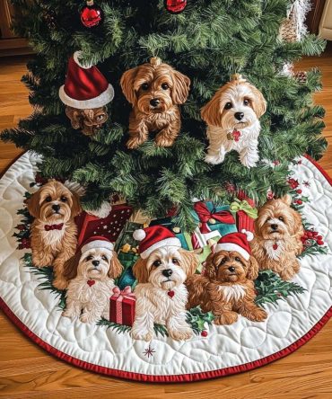 Cavapoo Joy Quilted Christmas Tree Skirt — Festive Dog-Themed Holiday Accent, Plush Fabric, Easy Care & Stylish Display