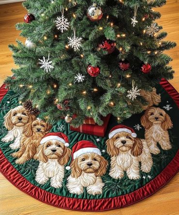 Cavapoo Magic Quilted Christmas Tree Skirt — Cute Dog Holiday Decor, Cozy Cotton-Blend, Easy Care & Gift-Ready Design