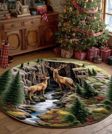 Cedar Deer Round Area Rug - Rustic Deer Silhouette In Earth Tones For Cabin Or Living Room, Low-Pile Durable Rug With Anti-Skid Backing